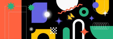 Retro şekilli soyut afişler, temel vahşi biçimler ve Y2K estetik figürleri, klasik çıkartmalar, logolar, etiketler. Dekoratif tasarım ögeleri, vektör illüstrasyonu.