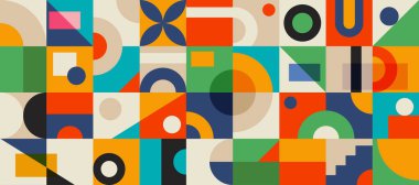 Soyut şekil ve biçimlere sahip geometrik desenler. Retro pankart, dekoratif sanat, renkli kare fayanslar. Vektör illüstrasyonu.
