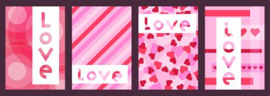 Kalpli, şablonlu ve yazılı sevgililer günü posterleri. Arkaplan tasarımları, kartpostallar, kapaklar ve ambalaj kağıdı grafikleri. Vektör illüstrasyonu.