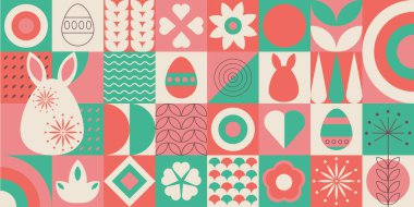 Paskalya geometrik afişi, basit geometrik şekiller, şekiller ve bayramın sembolleri. Tavşanlar, çiçekler ve yumurtalarla dolu dini bir duvar kağıdı. Vektör illüstrasyonu.