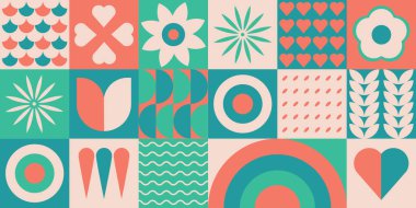 Geometrik afiş, basit geometrik şekiller, şekiller ve sembollerle. Biçimli ve çiçekli geçmişe dönük pankart. Vektör illüstrasyonu.