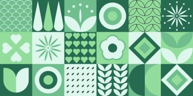 Geometrik afiş, basit geometrik şekiller, şekiller ve sembollerle. Kiremitleri, şekilleri ve çiçekleri olan eski duvar kağıtları. Vektör illüstrasyonu.