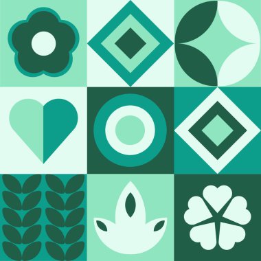 Geometrik kartta basit geometrik şekiller, şekiller ve semboller var. Formlar ve çiçeklerle retroyu hazırla. Vektör illüstrasyonu.