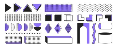 Memphis soyut şekilleri ve biçimleri, geometrik düz figürler ve üç boyutlu figürler, çıkartma seti, retro dekoratif vektör grafik elementleri.