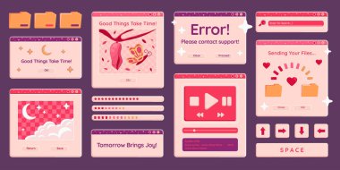 Parlak sevimli bilgisayar pencereleri ve metin, mesaj ve diğer kullanıcı arayüzü elemanları içeren ekranlar. Teknoloji etiketleri. Vektör tasarım ögesi ayarlandı.