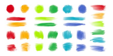 Renkli yağ fırçası lekeleri, boya dokuları, kağıt tasarım elementleri. Bedava boya şekilli çıkartmalar. Vektör illüstrasyonu.