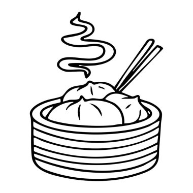 Çubuklu sıcak hamur köftesi, Asya yemeği karalama ve tabak çizimi, serbest vektör illüstrasyon ve çıkartma, çizim grafikleri..