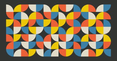 Şekilleri olan soyut retro geometrik afiş. Kusursuz fayanslarda vahşi çağdaş figürler. İsviçre tasarım estetiği, vektör çizimleri.