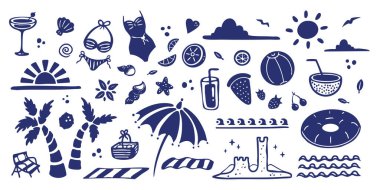 Yazın düz çizim ve el yazları koyu mavi renkli çıkartmalar, yaz zamanı boş nesneleri, grafik mevsimsel tasarım elementleri. Vektör illüstrasyonu.