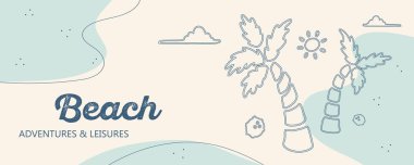 Soyut su dalgaları, palmiye ağaçları, güneş ve hindistan cevizi içeren plaj çizgisi sanat arka planı. Boş pankart, okyanus tatil köyü reklamı. Vektör illüstrasyonu.