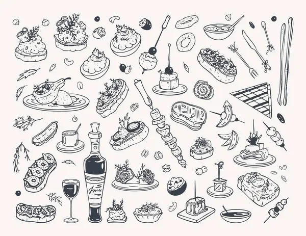 Çubuktaki abur cuburlar ve el çizimleri, farklı parti yemekleri ve içecekler serisi, restoran menüsü dekorasyonları ve mutfak ve kafeler için diğer mutfak grafik tasarım unsurları. Vektör illüstrasyonu.