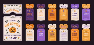 Cadılar Bayramı kuponları ve eğlenceli ve ürkütücü etkileşimli oyun biletleri. Kabaklı, hayaletli, kartlı ve korkutucu oyunlu ürkütücü grafik dekoratif öğeler. Vektör illüstrasyonu.