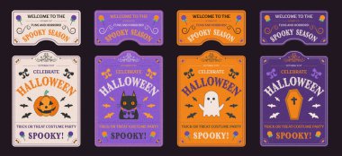 Cadılar Bayramı dekoratif afişleri ve komik ve ürkütücü çizimlerle dolu çıkartmalar. Kabaklı ve hayaletli ürkütücü grafik dekoratif öğeler, parti anonslu kartlar ve metinler. Vektör illüstrasyonu.