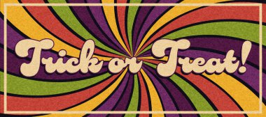 Cadılar Bayramı kartı ve pankartımız. Hediye mi şaka mı cümlesinin geçmişteki sarmal bir geçmişi var. Kumlu bir yapısı var. Retro vektör çizimi, dekoratif sanat.