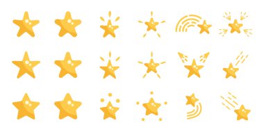 Yıldızlar süslemeler ve çıkartmalar, ışıltılı ve düşen parıltılı altın sarısı yıldızlar, lüks ve kalite göstergesi, kutlama kartları dekorasyonu, derecelendirme yıldızı seti. Vektör illüstrasyonu.