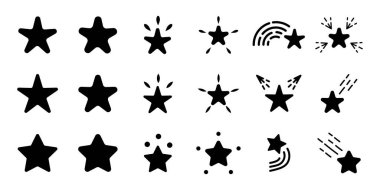 Yıldızlar süslemeler ve çıkartmalar, ışıltılı siyah parıltılar ve düşen parıltılar, lüks ve kalite göstergesi, kutlama kartları dekorasyonu, derecelendirme yıldızı seti. Vektör illüstrasyonu.