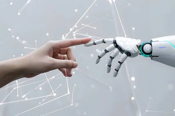 stock image Human and Artificial intelligence Robot Hand Connection Interaction 