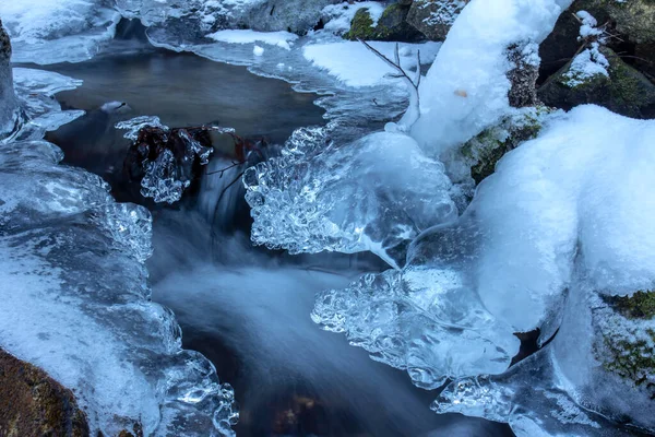 Mountain stream in winter. Ice on the stream.