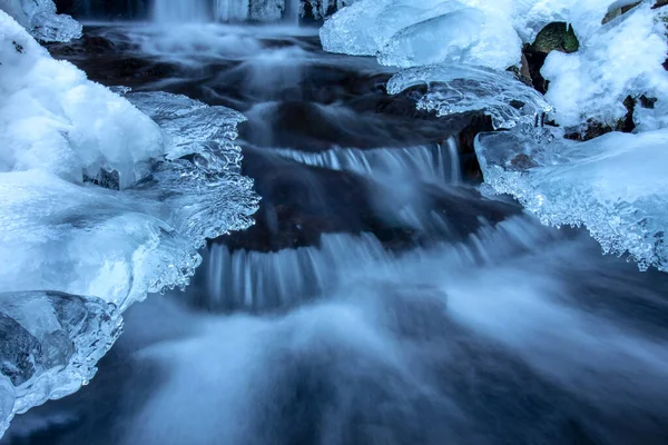 Mountain stream in winter. Ice on the stream.