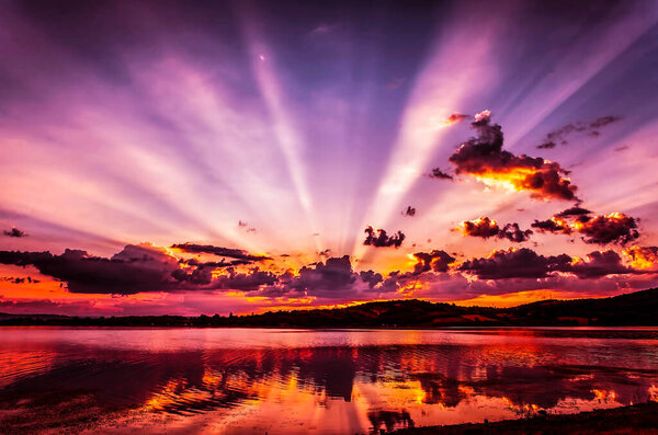 Wonderful sunrise over the lake. HDR Image (High Dynamic Range).