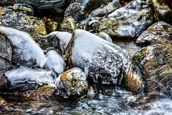 Mountain stream in winter. Ice on the stream. HDR Image (High Dynamic Range).