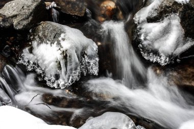 frosts on stones, surrounding a stream or river, winter atmosphere, cold winter mornings, very cold weather clipart
