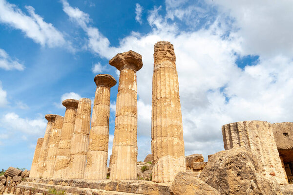 Agrigento May 3 2024: The Temple of Ercole in the Valley of the Temples in Agrigento, Sicily, Italy