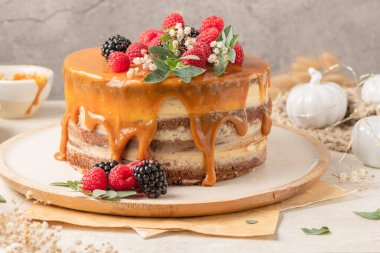 Üzeri mascarpone kremalı ve tuzlu karamel kaplı lezzetli çikolatalı pasta. Kırmızı meyvelerle süslenmiş. Hafif arkaplan