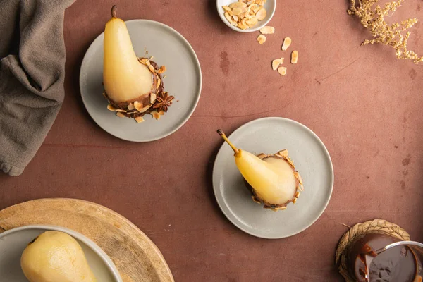 Poached Gourmet Conference Pears Chocolate Ganache Sliced Almond Delicious Traditional — Stock Photo, Image