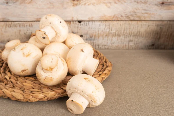 Fresh White Mushrooms Wooden Table Collecting Mushrooms Delicious Food — Stock Photo, Image