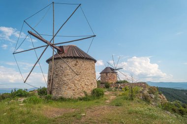 Stone windmills in Serra da Atalhada, Penacova, Coimbra, Portugal.