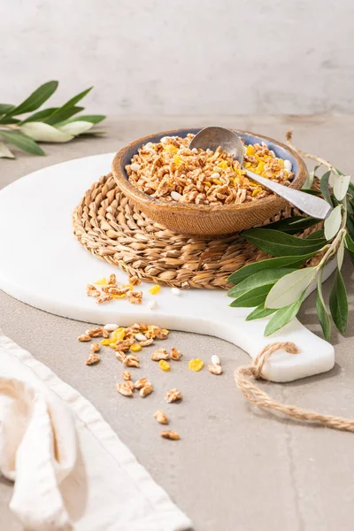 Healthy Cereal Breakfast Mixed Muesli Cereals Ceramic Bowl Kitchen Countertop — Fotografia de Stock