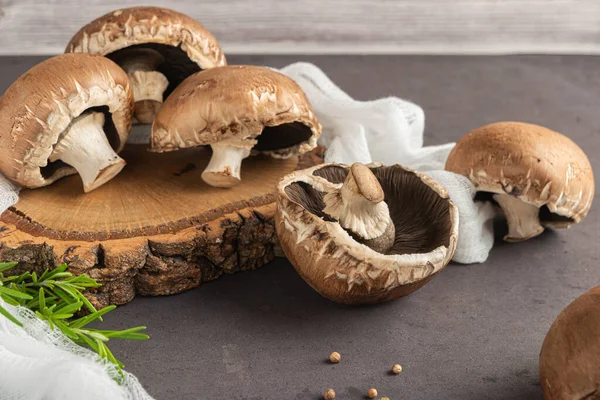 Close Mushroom Cutting Board Cooking Mushrooms Kitchen Table Spices Rosemary — Stock Photo, Image