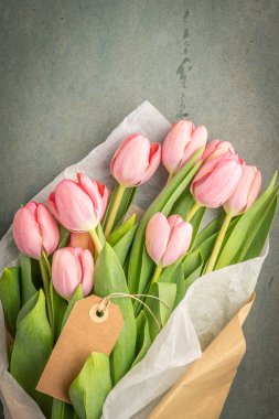Mavi çimento arka planda pembe lale çiçekleri. Düz yerde, üst tarafta. Bahar çiçeği konsepti.