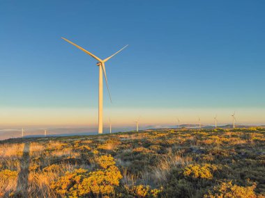 Rüzgar türbinli Lansdcape. Portekiz 'in merkezinde, Serra da Freita Arouca Geopark' ın ortasında yenilenebilir enerji