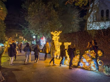 Oliveira de Azemeis, Portugal - december 2 2023: Families watching the Christmas lights and having fun with the children at the Christmas attractions in La Salette park during Christmas season clipart