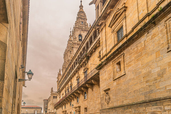 Santiago de Compostela Cathedral, Galicia, Spain. Obradeiro square in Santiago de Compostela. The ending point of ancient pilgrim routes, Camino de Santiago or Way of St. James