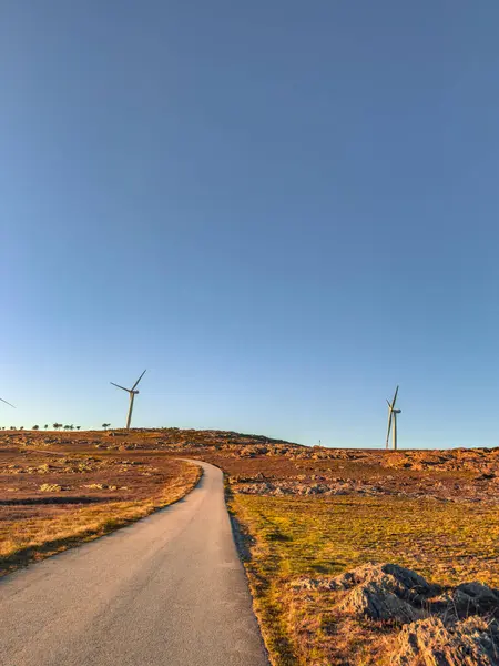 stock image Lansdcape with wind turbines. Renewable energy on the middle of Serra da Freita Arouca Geopark, in center of Portugal