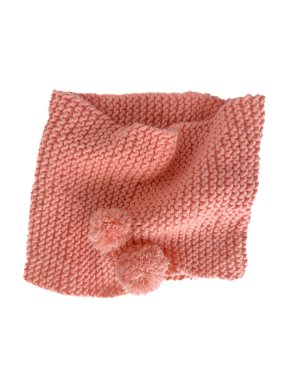 Beyaz arka planda izole edilmiş yumuşak pembe dantelli yuvarlak eşarp. Moda çocuk aksesuarı.