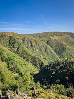 Yeşil bir dağın ve Arouca Geopark, Aveiro, Portekiz 'deki Frecha da Mizarela şelalesinin güzel bir görüntüsü.