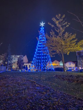 Vila Nova de Gaia, Portekiz - 6 Aralık 2023. Gece sahnesi. Şehir sokaklarına ışık saçan bir aylağın bakış açısı. Belediye binasının yakınındaki bir meydanda aydınlatılmış Noel ağacı.