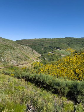 Mondego Nehri Vadisi boyunca uzanan ve çevresindeki Serra da Estrela uçurumlarının manzarası. Caldeirao Barajı, Guarda, Portekiz