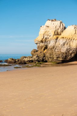 Berrak mavi gökyüzü, sakin okyanus dalgaları ve altın kumu ile kayalık uçurum kenarında Algarve, Portekiz 'in huzurlu güzelliğini yakalıyor.