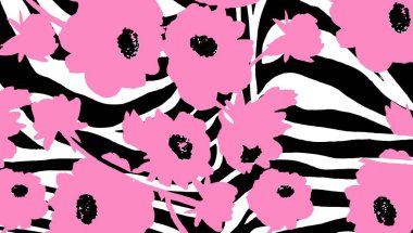 Memphis tarzında soyut çiçek motifleriyle Zebra arkaplanı.