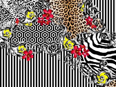 Karışık hayvan izi, zebra, leopar deseni geometrik ve çiçek desenli..