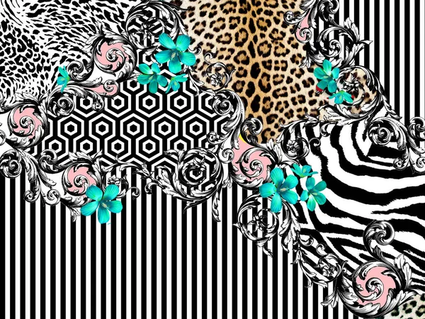混合動物のプリント ゼブラ 幾何学的および花のパターンとヒョウのテクスチャ — ストック写真