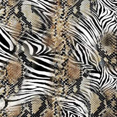 Kusursuz karışık hayvan izi, yılan dokusu, zebra dokusu ve yılan dokusu, Afrika hayvan deseni.