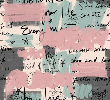 Seamless watercolor hand writing pattern, graffiti, hand writing, brush effect, geometric design.