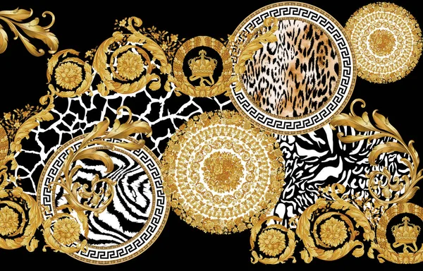 Gold baroque with mixed animal print, leopard, zebra, tiger, giraffe texture, luxury textile print.