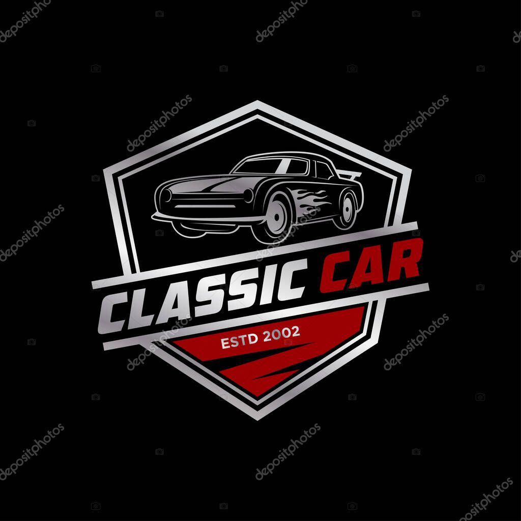 Classic Car modification Logo shield, automotive repair logo template with rustic, vintage, retro style